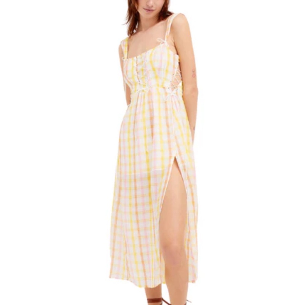 For Love And Lemons Yellow Pink and White Rue Midi Dress